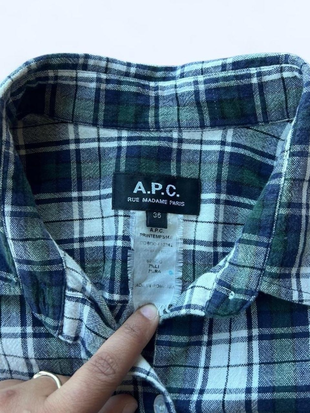 A.P.C. Men's Navy & Green Plaid Long-Sleeve Button-Down Shirt